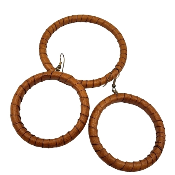 Earrings and Bracelet Rattan Faux Wood Wrapped Hoops Earthy Boho Hippie - Picture 2 of 11